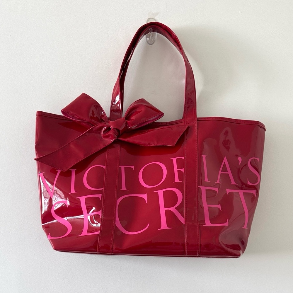 Victoria’s Secret Red Patent Bow Tote Bag Y2K Logo Carryall Shopper